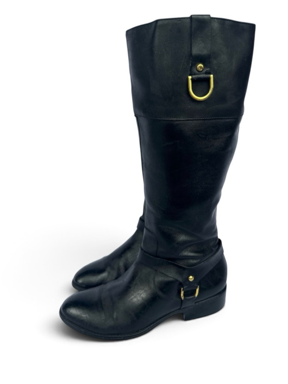 Lauren Ralph Lauren Black Leather Over-the-Knee Riding Boots with Gold Hardware